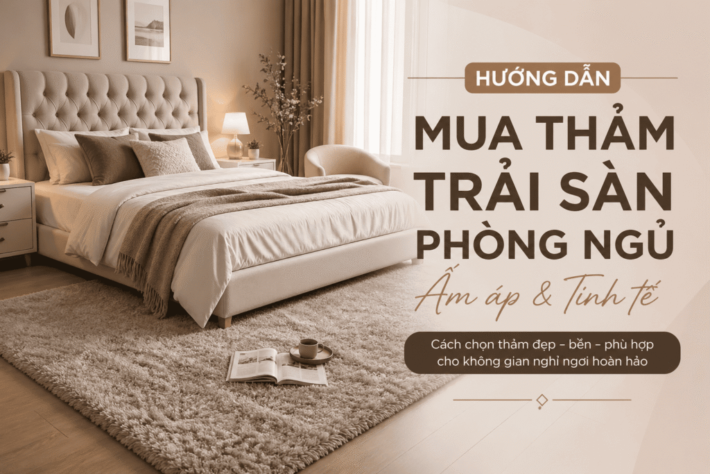 Thảm trải sàn phòng ngủ mềm mại màu be giúp không gian ấm áp và tinh tế