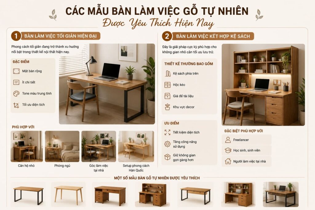 Các Mẫu Bàn Làm Việc Gỗ Tự Nhiên Được Yêu Thích Hiện Nay